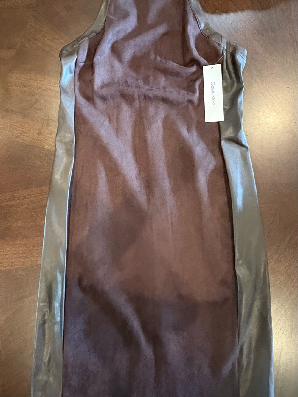 Calvin Klein Dark Brown Pencil Dress with Dark Brown Faux-Leather Panels